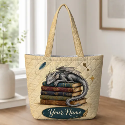 Sleeping Library Dragon on Stacked Books Magical Gift for Readers and Fantasy Fans Quilted Tote Bag