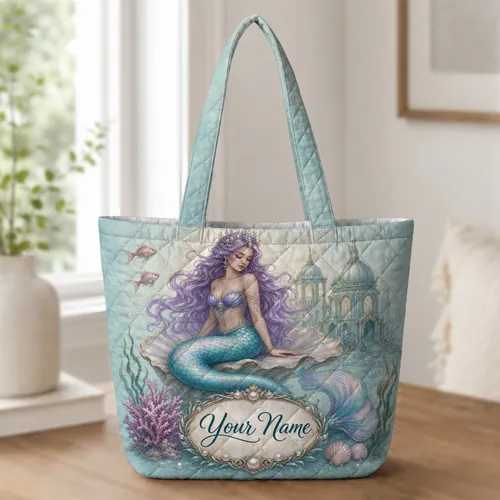 Lavender Mermaid Ocean Palace For Beach Travel And Everyday Carry For Sea Lovers Quilted Tote Bag
