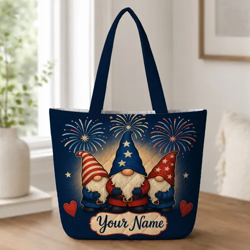 Patriotic Gnomes With Fireworks For Fourth Of July Family Summer Holiday Celebrations Quilted Tote Bag