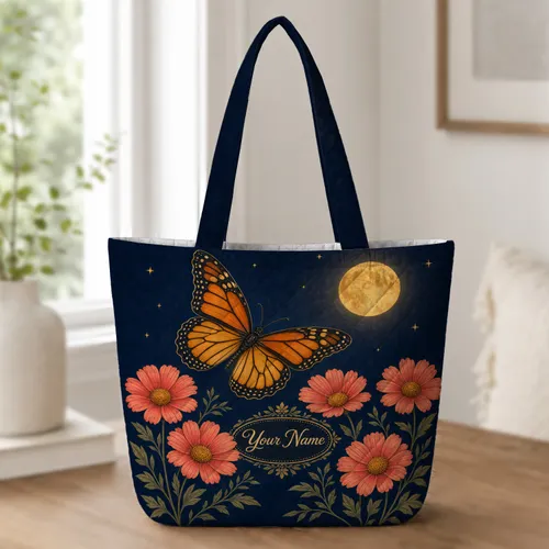 Monarch Butterfly Moon And Daisy Night Garden Gift For Nature Lovers And Travelers Quilted Tote Bag