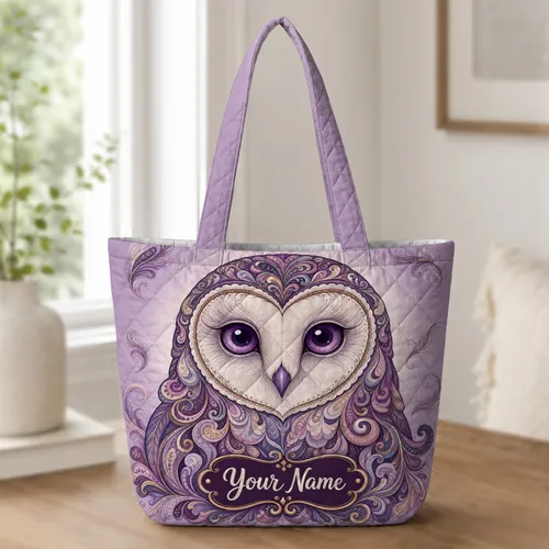 Purple Paisley Barn Owl For Halloween Gifts, Shopping, Travel, And Daily Errands Quilted Tote Bag