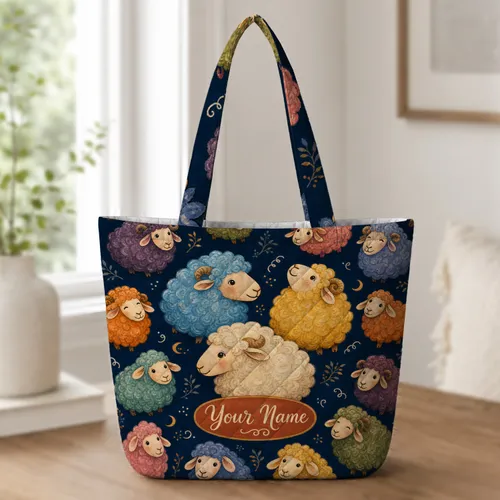 Rainbow Sheep Meadow Folk Art for Everyday Travel, Market Days, and Animal Lovers Quilted Tote Bag