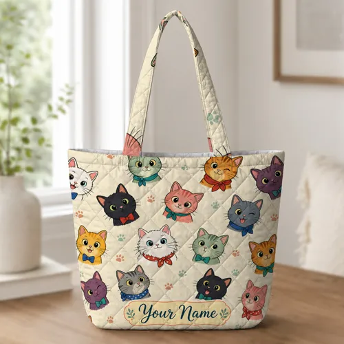 Colorful Kawaii Cat Faces For Travel, Weekend Getaways And Everyday Cat Lover Style Quilted Tote Bag