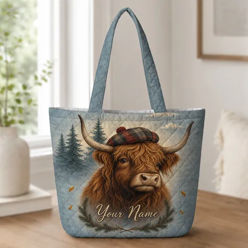 Highland Cow Tartan Tam Rustic Travel Companion For Scottish Farmhouse Style Lovers Quilted Tote Bag