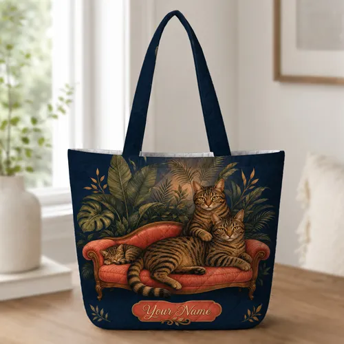 Tabby Cats on Pink Sofa Tropical Retro Art for Cat Lovers Travel and Daily Carry Quilted Tote Bag