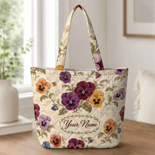 Vintage Pansy Florals For Autumn Travel And Thoughtful Gifts For Garden Lovers Alike Quilted Tote Bag