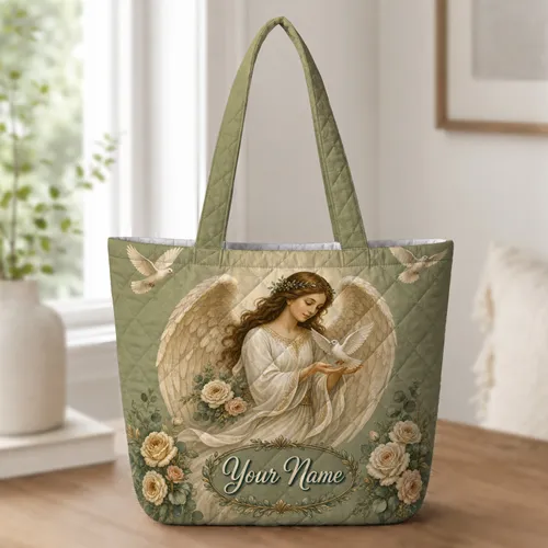 Guardian Angel Dove Roses Faith Gift For Women Prayer Church Everyday Carry Companion Quilted Tote Bag