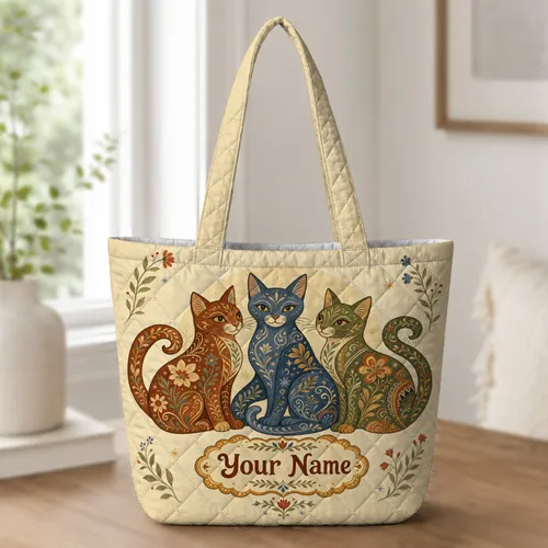 Folk Art Cat Floral Gift For Cat Lovers Vintage Pastoral Everyday Carry Quilted Tote Bag