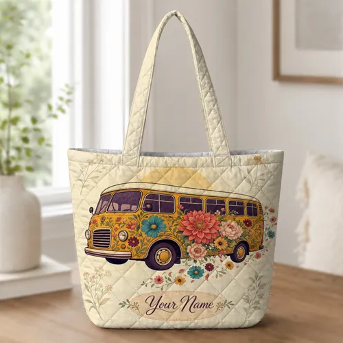 Vintage Floral Garden Bus For Weekend Travel, Market Days And Flower Loving Women Quilted Tote Bag