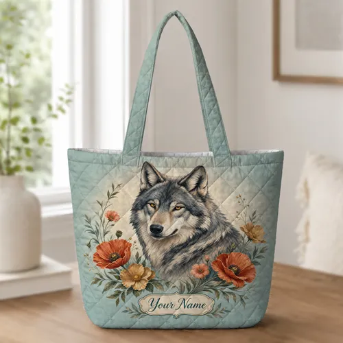 Gray Wolf With Poppies And Wild Roses For Nature Lovers Travel And Daily Carry Use Quilted Tote Bag