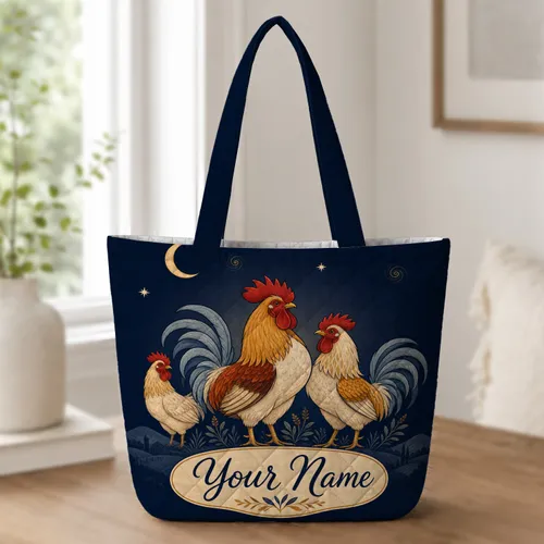 Moonlit Rooster Farmhouse Travel Companion For Chicken Lovers And Country Getaways Quilted Tote Bag