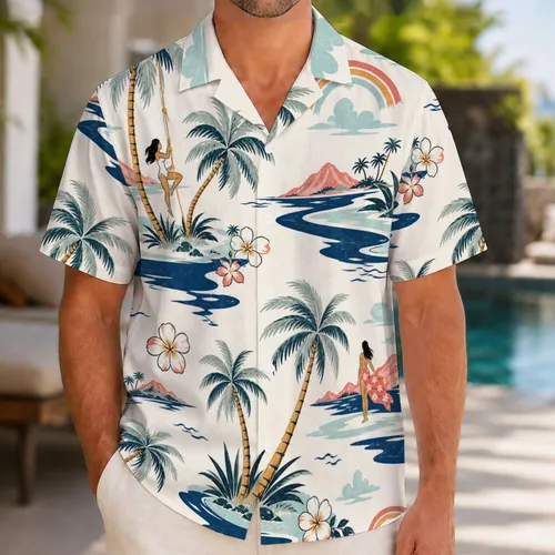 Mid Century Tropical Lagoon Palms And Island Travelers For Resort Vacation Getaways Hawaiian Shirt