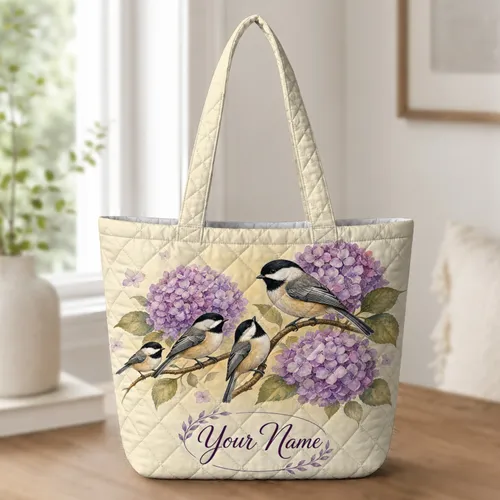 Chickadees And Lilac Hydrangeas For Everyday Errands, Travel, And Nature Lovers Quilted Tote Bag