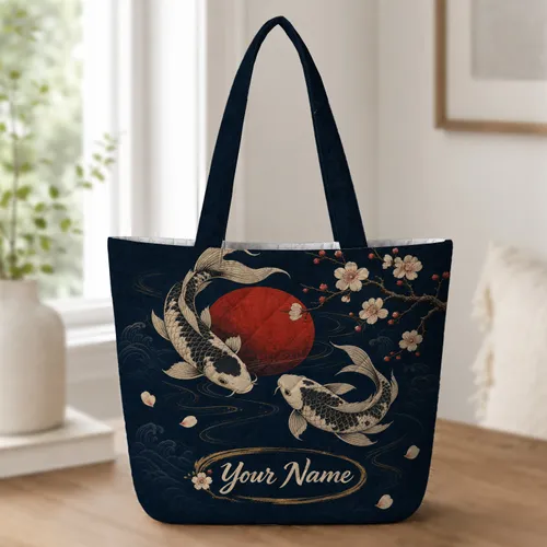 Koi Fish Plum Blossom Japanese Style for Travel, Work, Everyday Carry and Gifting Quilted Tote Bag