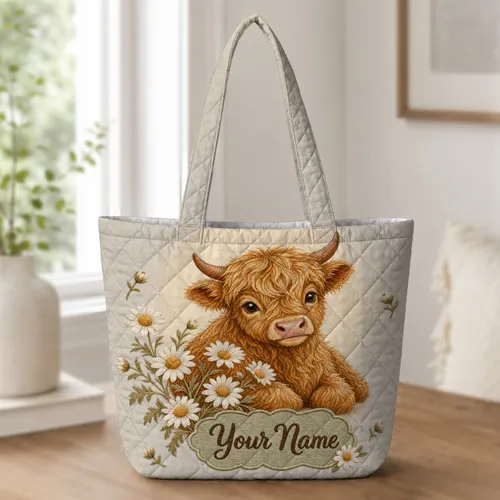 Highland Calf Daisy Floral Name Gift For Cow Lovers And Cottagecore Style Lovers Quilted Tote Bag