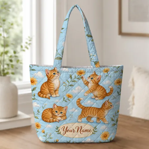 Orange Tabby Kittens And Daisy Meadow For Weekend Travel, School, And Cat Lover Gifts Quilted Tote Bag