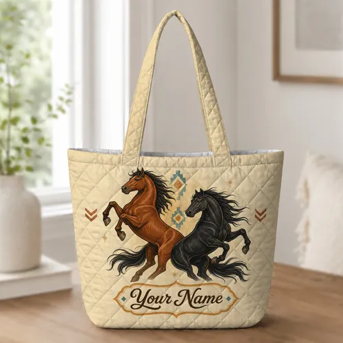 Rearing Western Horses With Turquoise Accents For Rodeo Travel Ranch Cowgirl Gift Quilted Tote Bag