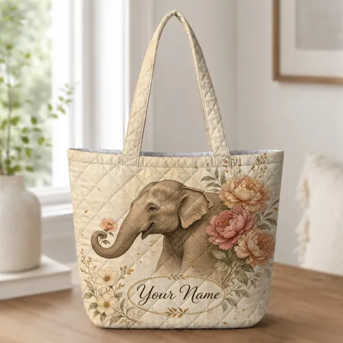Graceful Floral Elephant With Peonies For Everyday Travel And Nature Loving Women Quilted Tote Bag