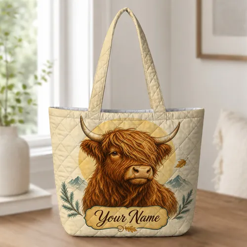 Highland Cow Autumn Mountain Motif For Fall Travel And Everyday Farmhouse Living Quilted Tote Bag