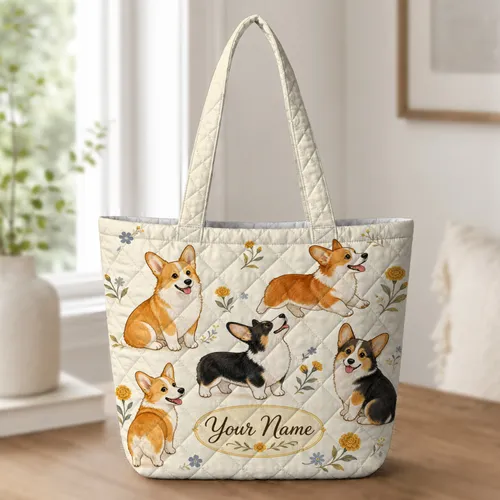 Corgi Dog Floral Name Gift For Pet Lovers, Everyday Errands, Trips And Weekend Travel Quilted Tote Bag