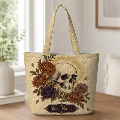 Gothic Floral Skull Vintage Style for Halloween Gifts and Dark Romantic Fashion Lovers Quilted Tote Bag