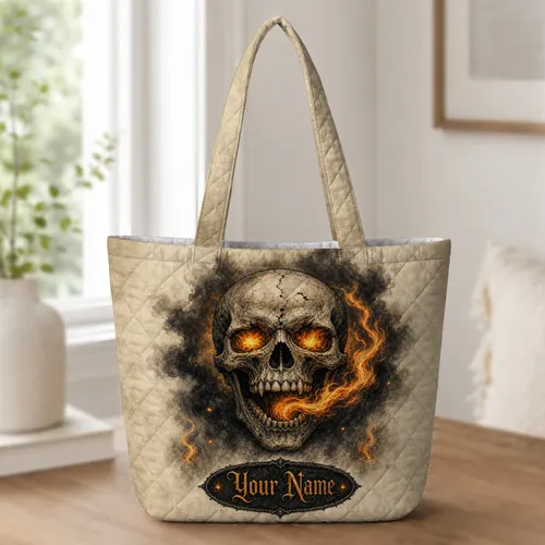 Flaming Skull Gothic Halloween Travel Carryall Gift for Hardcore Tattoo Rock Lovers Quilted Tote Bag