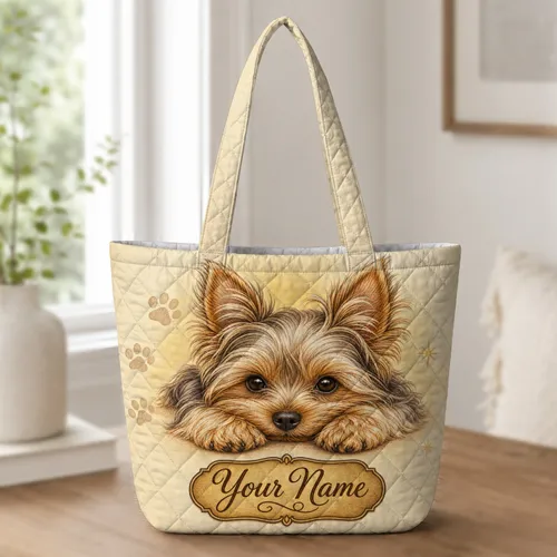 Yorkshire Terrier Puppy With Paw Prints For Travel, Errands And Dog Lover Gift Ideas Quilted Tote Bag