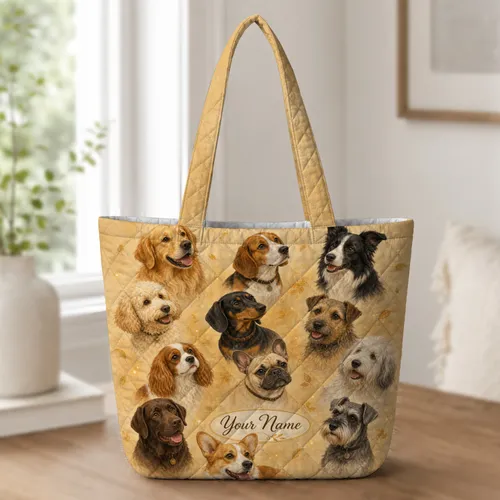 Warm Multi-Breed Dog Portraits for Everyday Errands, Weekend Travel and Dog Lovers Quilted Tote Bag