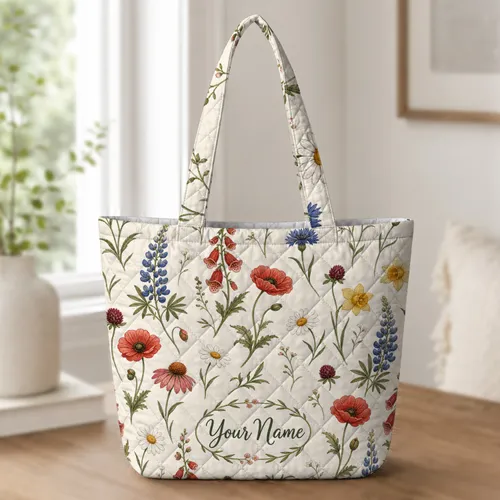 Wildflower Meadow Floral Cottagecore Everyday Carry Gift for Garden Loving Women Quilted Tote Bag