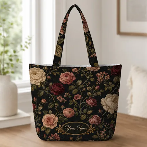Vintage Dark Floral Roses And Peonies For Autumn Travel, Gifts And Everyday Carry Quilted Tote Bag