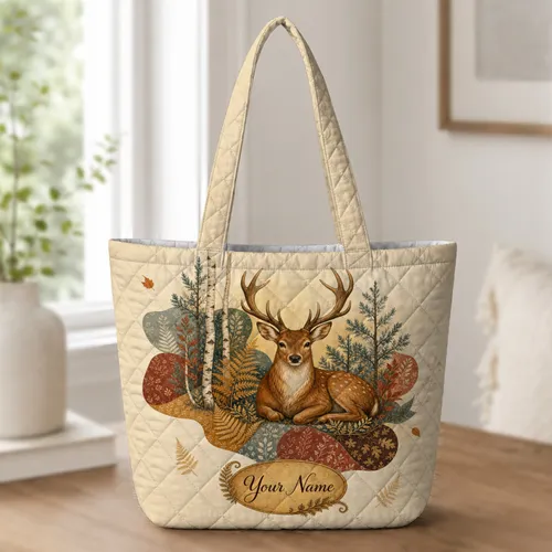 Woodland Stag Autumn Botanical Gift For Nature Lovers And Weekend Travel Adventures Quilted Tote Bag