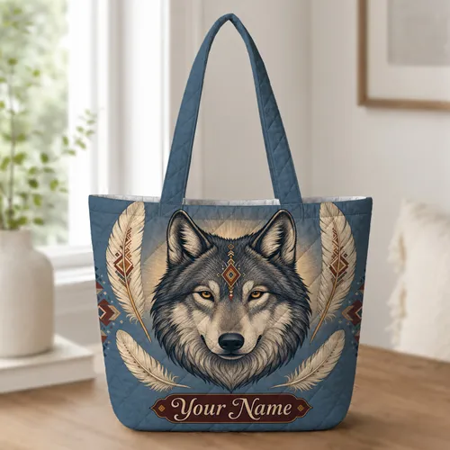 Wolf Feather Folk Art Travel Style for Gym Weekend Getaways and Nature Lovers Gifts Quilted Tote Bag