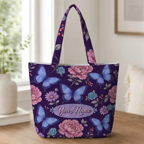Purple Butterfly Garden With Peonies For Everyday Carry, Travel, And Gift Giving Quilted Tote Bag