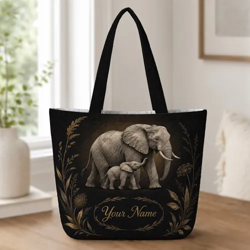 Vintage Elephant And Calf With Golden Botanicals Gift For Mom Safari Wildlife Lovers Quilted Tote Bag