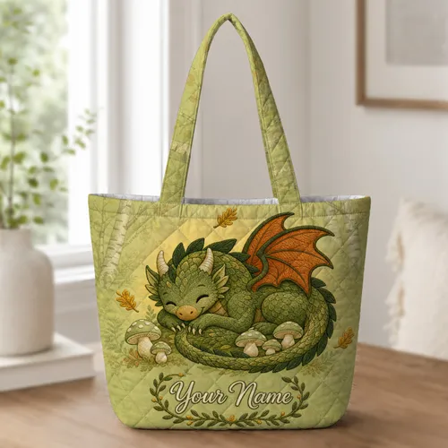 Sleepy Forest Dragon With Autumn Wings For Fantasy Lovers And Cozy Daily Errands Quilted Tote Bag