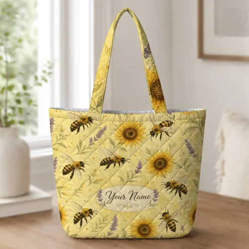 Honeybee Sunflower Lavender Garden For Farmers Market Trips And Nature Loving Women Quilted Tote Bag