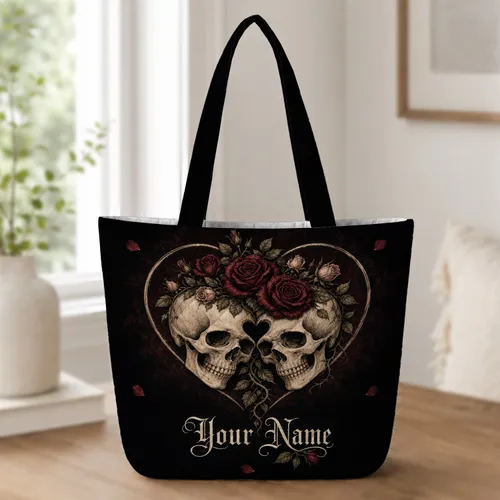 Gothic Skull Rose Heart Accessory for Halloween Weddings and Dark Romance Lovers Quilted Tote Bag