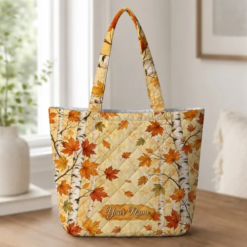 Autumn Birch And Maple Leaves Name Gift For Fall Travel And Thanksgiving Hostesses Quilted Tote Bag