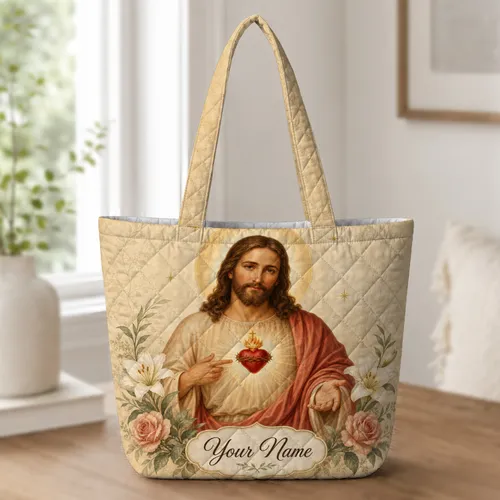 Sacred Heart Jesus With Lilies For Daily Devotion And Prayerful Carry For Catholic Women Quilted Tote Bag