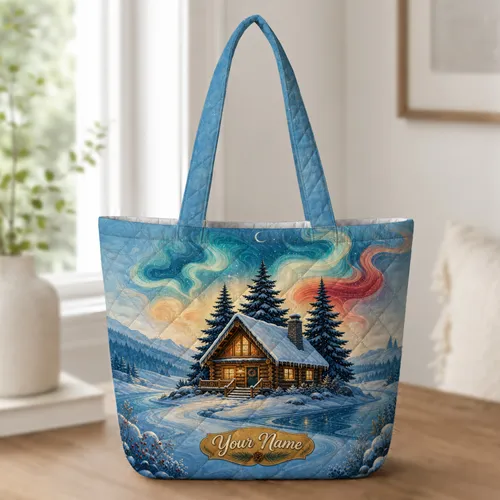 Aurora Cabin And Frozen Lake Winter Travel Essential For Nordic Wilderness Lovers Quilted Tote Bag