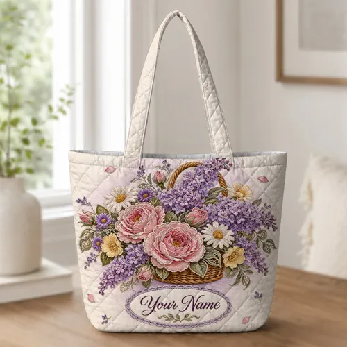 Vintage Rose Lavender Flower Basket Gift For Garden Lovers And Floral Romance Fans Quilted Tote Bag