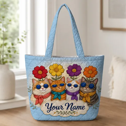 Four Sunglasses Cats With Flowers For Cat Lovers Everyday Gift And Travel Use Quilted Tote Bag