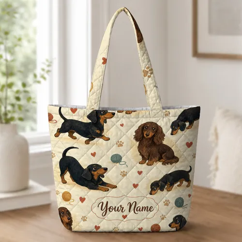 Dachshund Hearts And Paw Prints For Dog Moms Everyday Carry Travel And Holiday Gifts Quilted Tote Bag