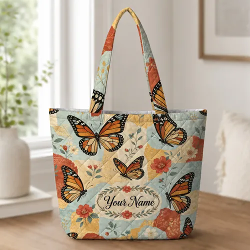 Monarch Butterfly Floral Patchwork Gift for Boho Garden Lovers and Everyday Carry Quilted Tote Bag