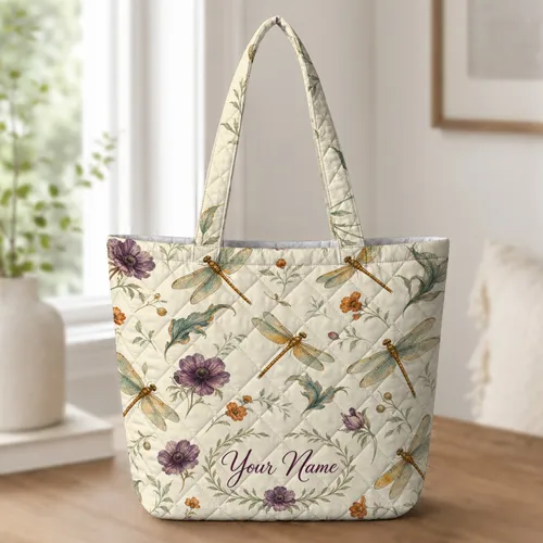 Vintage Dragonfly Floral Garden Gift For Nature Lovers And Daily Carry With Name Quilted Tote Bag