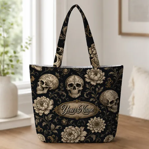 Gothic Skull Peony Baroque Accessory for Travel, Work, and Daily Dark Academia Style Quilted Tote Bag
