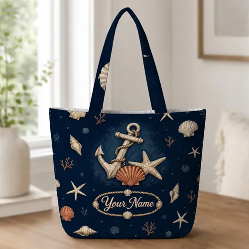Nautical Anchor Shell Starfish Ocean Theme Travel Gift for Beach Lovers With Name Quilted Tote Bag