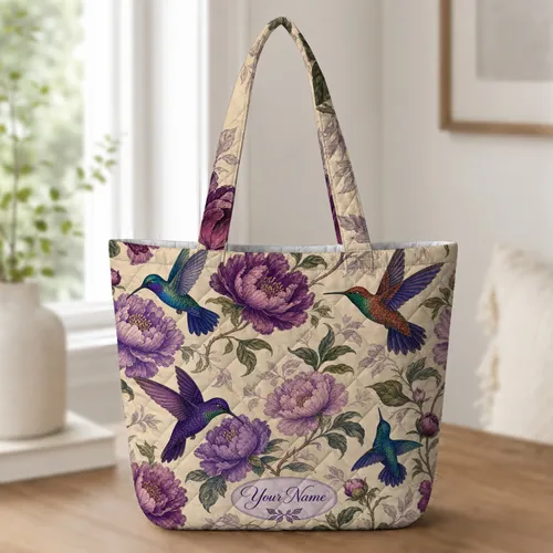 Hummingbird Peony Floral Travel Gift For Garden Lovers, Work, Shopping And Weekends Quilted Tote Bag