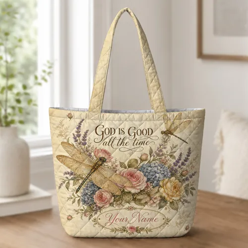 Christian Dragonfly Floral Garden Gift for Women Faith Inspiration Everyday Carry Quilted Tote Bag