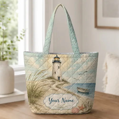 Vintage Coastal Lighthouse Seaside Scene For Beach Trips And Nautical Decor Lovers Quilted Tote Bag